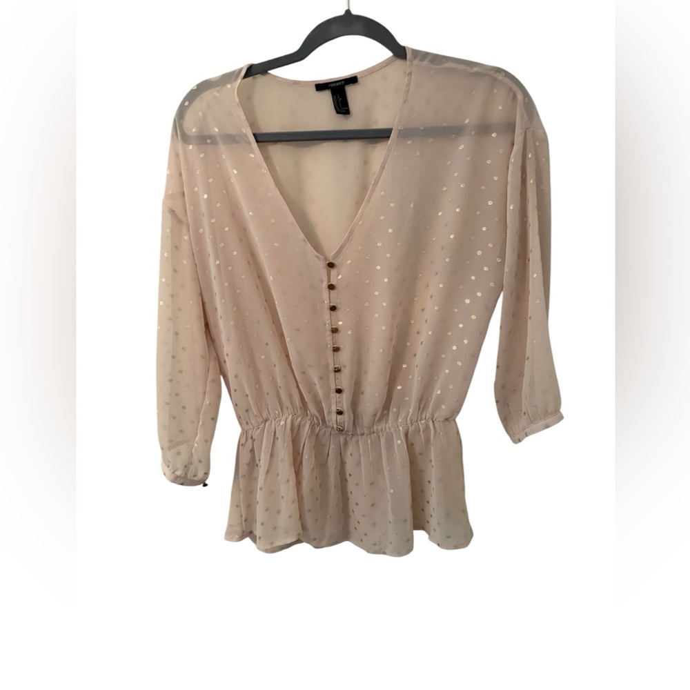 Forever 21 Women’s  Button Front Top-Elastic Waist &Cuffs -Semi Sheer -Sz S